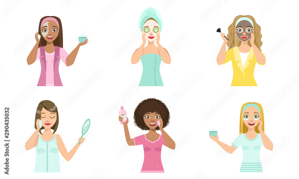 Beautiful Girls Applying Different Facial Masks for Skin Care and Treatment Set Vector Illustration Beautiful Girls Applying Different Facial Masks for Skin Care and Treatment Set Vector Illustration