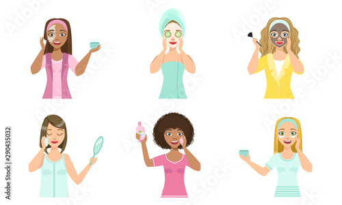 Beautiful Girls Applying Different Facial Masks for Skin Care and Treatment Set Vector Illustration