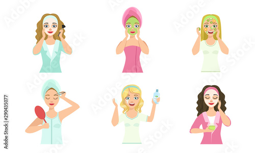 Beautiful Girls Applying Different Facial Masks for Skin Care and Treatment Set, Young Woman Cleaning and Caring for Their Faces, Facial Treatment, Beauty, Hygiene Vector Illustration