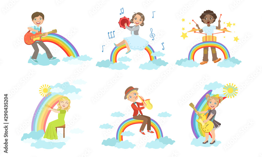 Children Playing Musical Instruments while Sitting on Rainbow Set, Boys and Girls Playing Guitar, Tambourine, Drum, Harp, Saxophone Vector Illustration