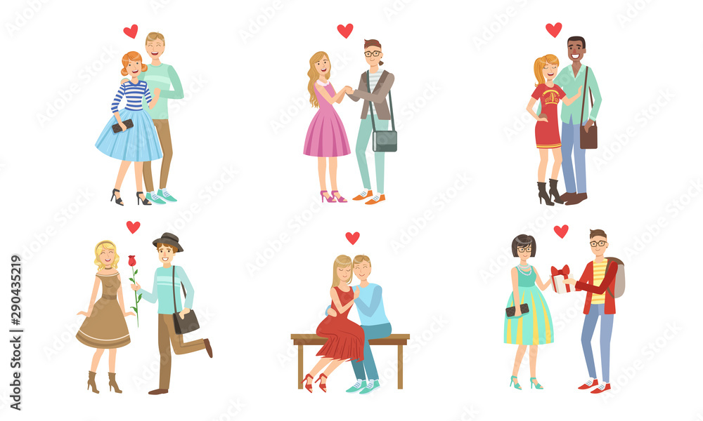 Happy Romantic Loving Couples Collection, Young Men and Women on Date, Walking, Hugging, Giving Gifts and Flowers Vector Illustration