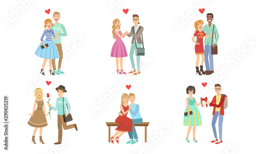 Happy Romantic Loving Couples Collection, Young Men and Women on Date, Walking, Hugging, Giving Gifts and Flowers Vector Illustration