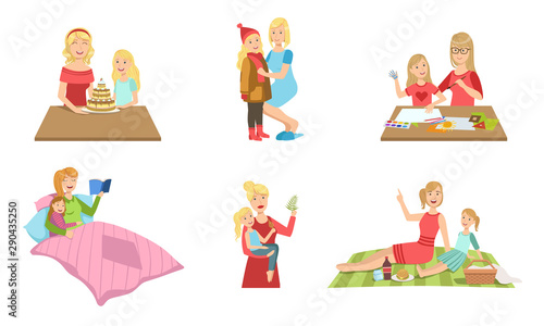 Mother and Daughter Performing Daily Activities Together Set, Sewing, Baking, Painting, Reading Book, Playing, Having Picnic Vector Illustration