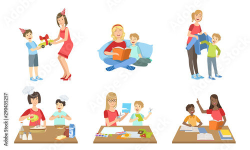 Mother and Son Performing Daily Activities Together Set, Cooking, Reading Book, Making Applique, Giving Gifts Vector Illustration