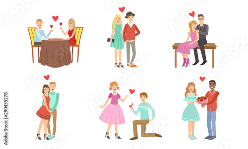 Happy Romantic Loving Couples Collection, Young Men and Women on Date, Walking, Hugging, Making Proposal, Having Dinner Vector Illustration