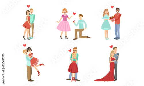 Happy Romantic Loving Couples Collection, Young Men and Women on Date, Walking, Hugging, Making Proposal Vector Illustration
