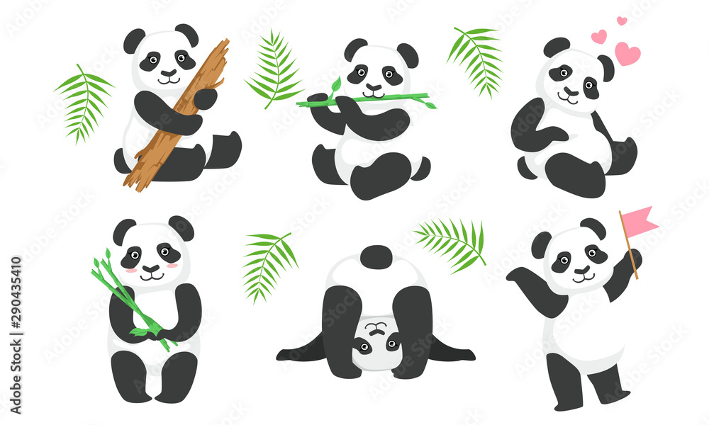 Obraz premium Adorable Pandas Characters Set, Cute Animals in Different Situations, Chinese Symbol Mascot Vector Illustration