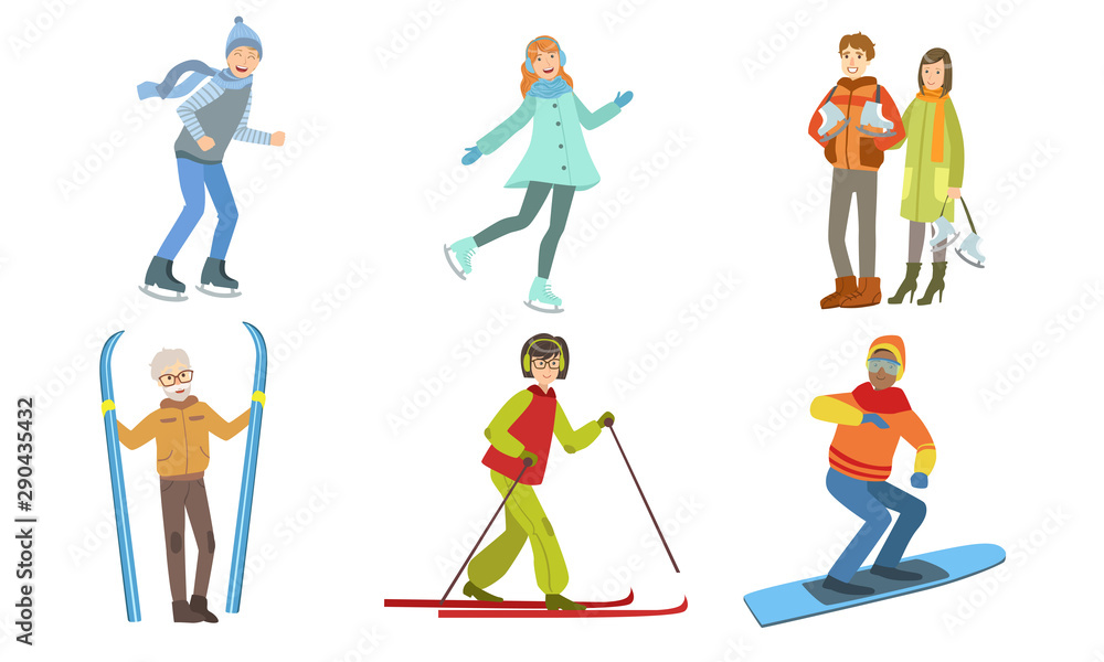Winter Sport Activities Set, Different People Skiing, Snowboarding, Figure Skating Vector Illustration