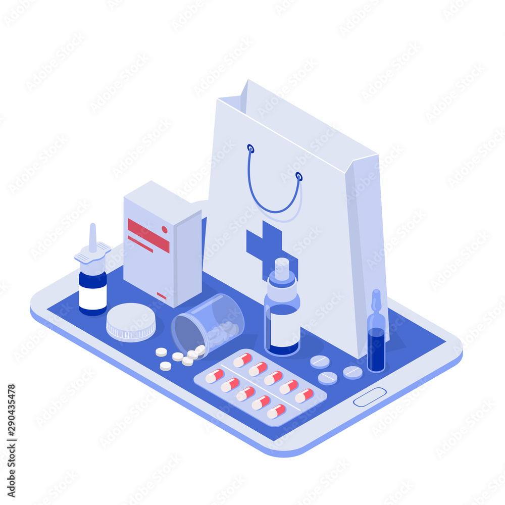 Healthcare, pharmacy and medical concept. Online tablet with pills, capsules blisters, glass bottles, plastic tubes. Isometric vector illustration. Healthcare, pharmacy and medical concept. Online tablet with pills, capsules blisters, glass bottles, plastic tubes. Isometric vector illustration.