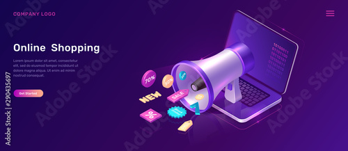 Digital marketing and online shopping, isometric concept vector illustration. Laptop screen, megaphone or loudspeaker and 3D sale and discount promo icons, landing web page, ultraviolet sale banner