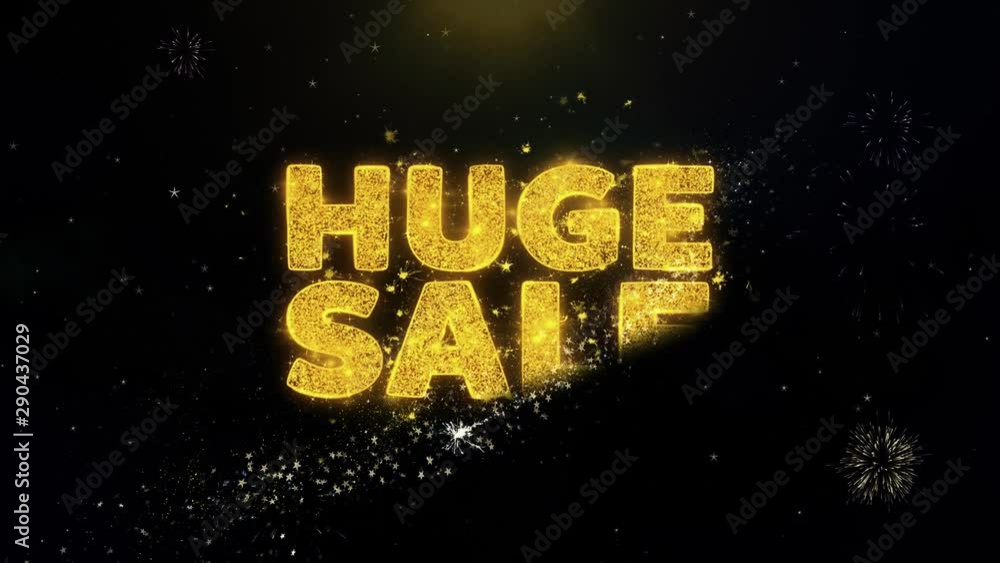 Exploding Offer Huge Sale Text on Gold Glitter Particles Spark Exploding Fireworks ...