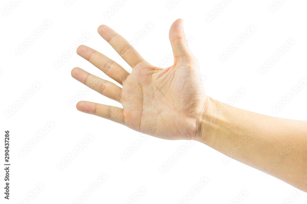 The man's hand is lifted. All fingers are the five number symbol on a white background. The man's hand is lifted. All fingers are the five number symbol on a white background.
