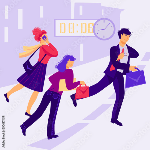 Business people with briefcases late for work, hurrying to meeting. Men and women, office workers characters in morning rush. Modern urban lifestyle. Flat vector illustration.