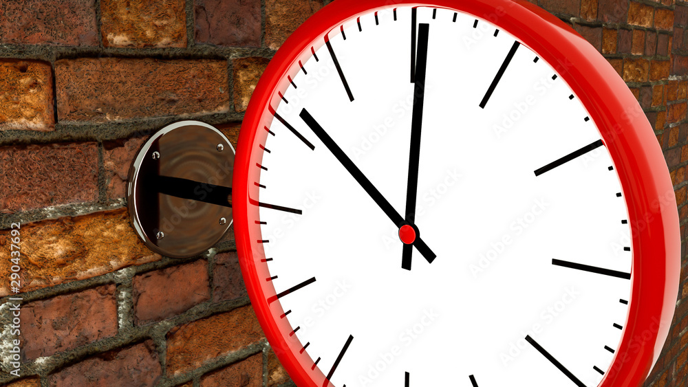 round clock hang on a brick wall. 3d rendering illustration