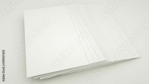 Blank papers are scattered on the table. 3d rendering. illustration