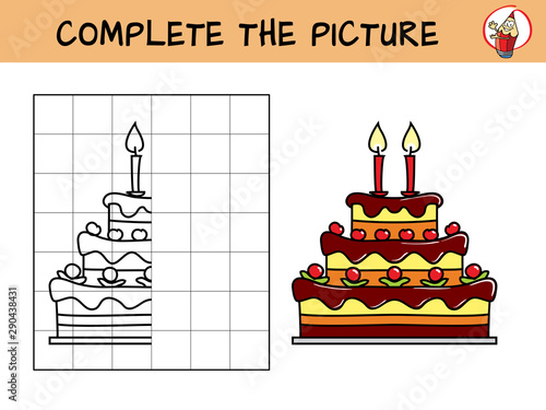 Complete the picture of a birthday cake. Copy the picture. Coloring book. Educational game for children. Cartoon vector illustration