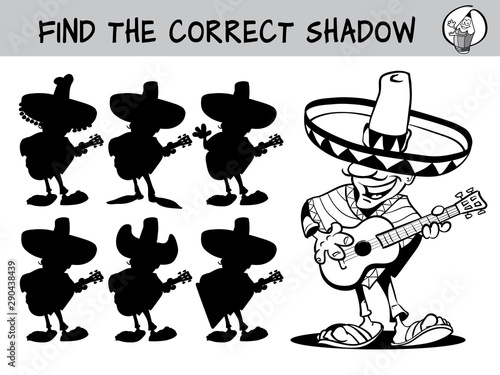 Mexican guitar player. Find the correct shadow. Educational matching game for children. Black and white cartoon vector illustration