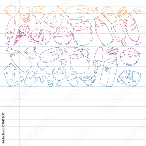 Milk, butter, cottage cheese, sour cream, cheese, yogurt, ice cream, cream. Vector pattern. Collection of dairy products.