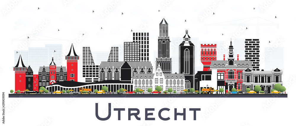 Utrecht Netherlands City Skyline with Color Buildings Isolated on White.