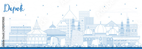 Outline Depok Indonesia City Skyline with Blue Buildings.