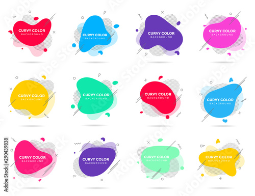12 Modern liquid abstract element shape memphis style design fluid vector colorful illustration set. Banner simple shape template for presentation, flyer, brochure isolated on white background.