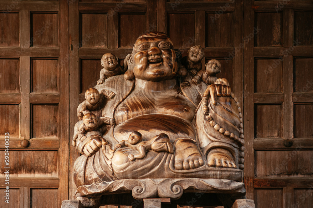 Japanese carved wood Buddha statue in Yamadera Risshaku ji temple, Japan