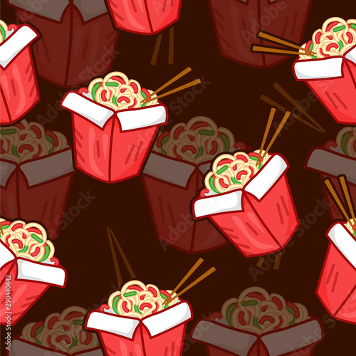 cute cartoon tasty wok seamless pattern on dark brown background, for food delivery, editable vector illustration