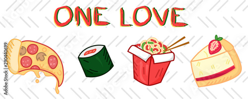 fast food elements set, cartoon pizza, wok, sushi, cheese cake, one love, cute tasty food collection for delivery, editable vector illustration