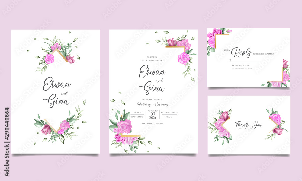 Wedding invitation card set with watercolor floral and leaves template