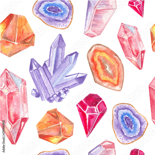 Seamless pattern with bright hand painted watercolor crystals and gems. © julijadesign