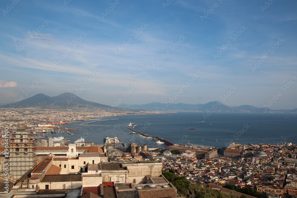 Aerial view of the bay and port of Naples in Italy