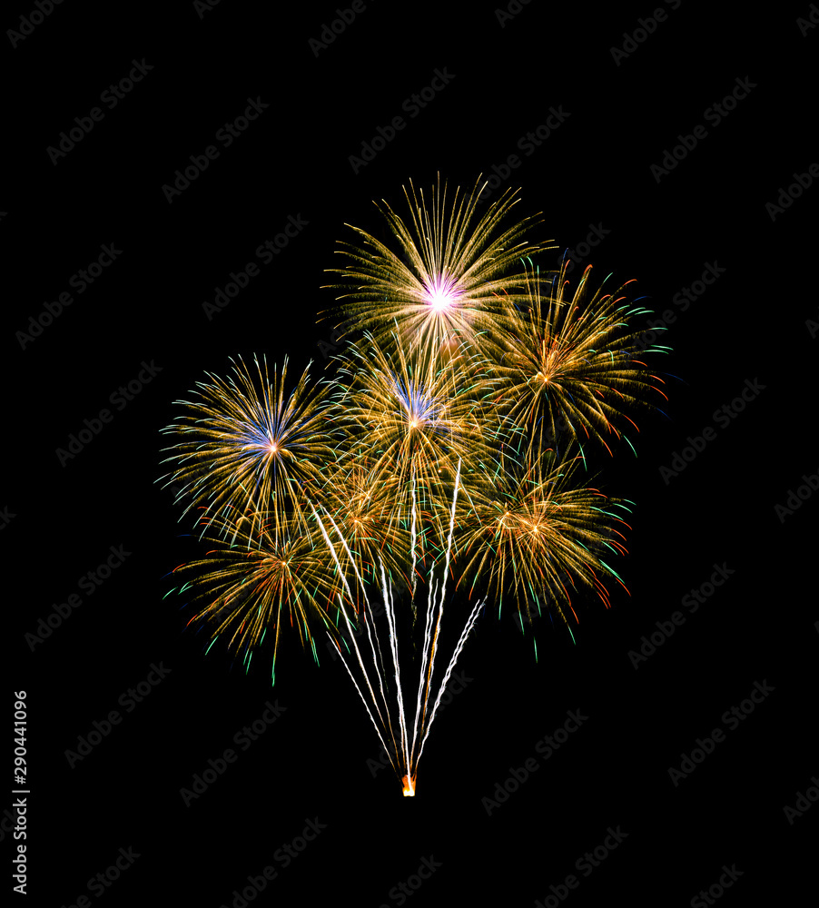 Colorful exploded fireworks isolated on black background