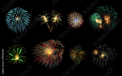 Eight colorful fireworks on black background