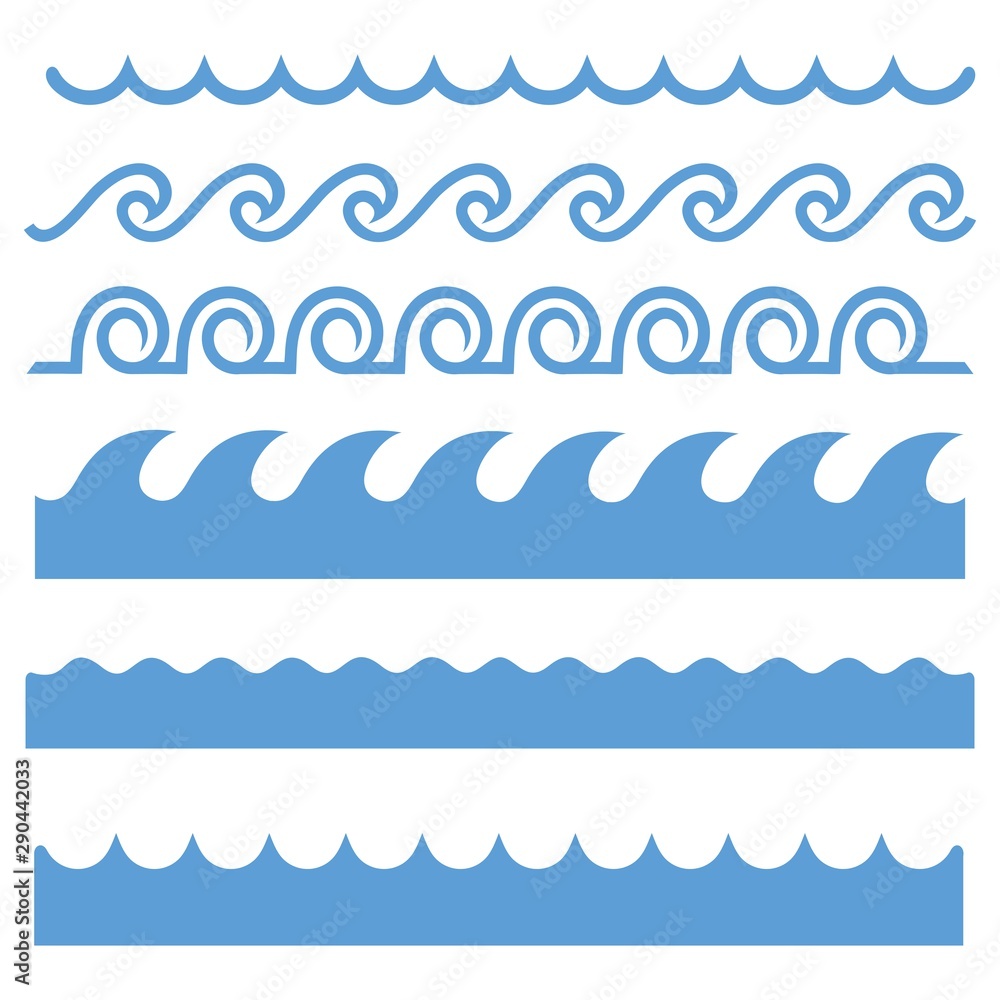 Vector blue wave icons set on white background. Water Wave Lines Vector Elements