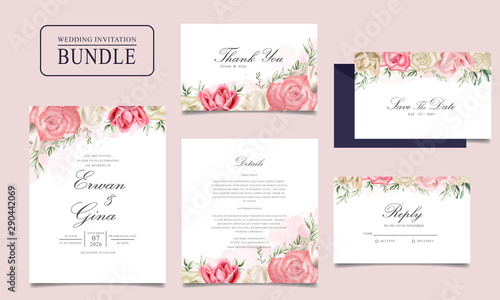 Wedding invitation card bundle with watercolor floral and leaves template