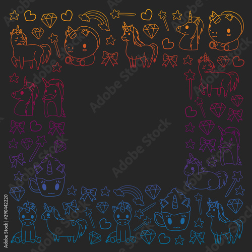 Children pattern with fairy tale unicors for kids clothes, posters, banners, shirts. Vector image with cartoon character.