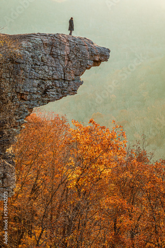 morning fog and autumn foliage at Hawksbill Crag, aka Whitaker Point trail in Upper Buffalo Wilderness of Ozark National Forest, Arkansas USA