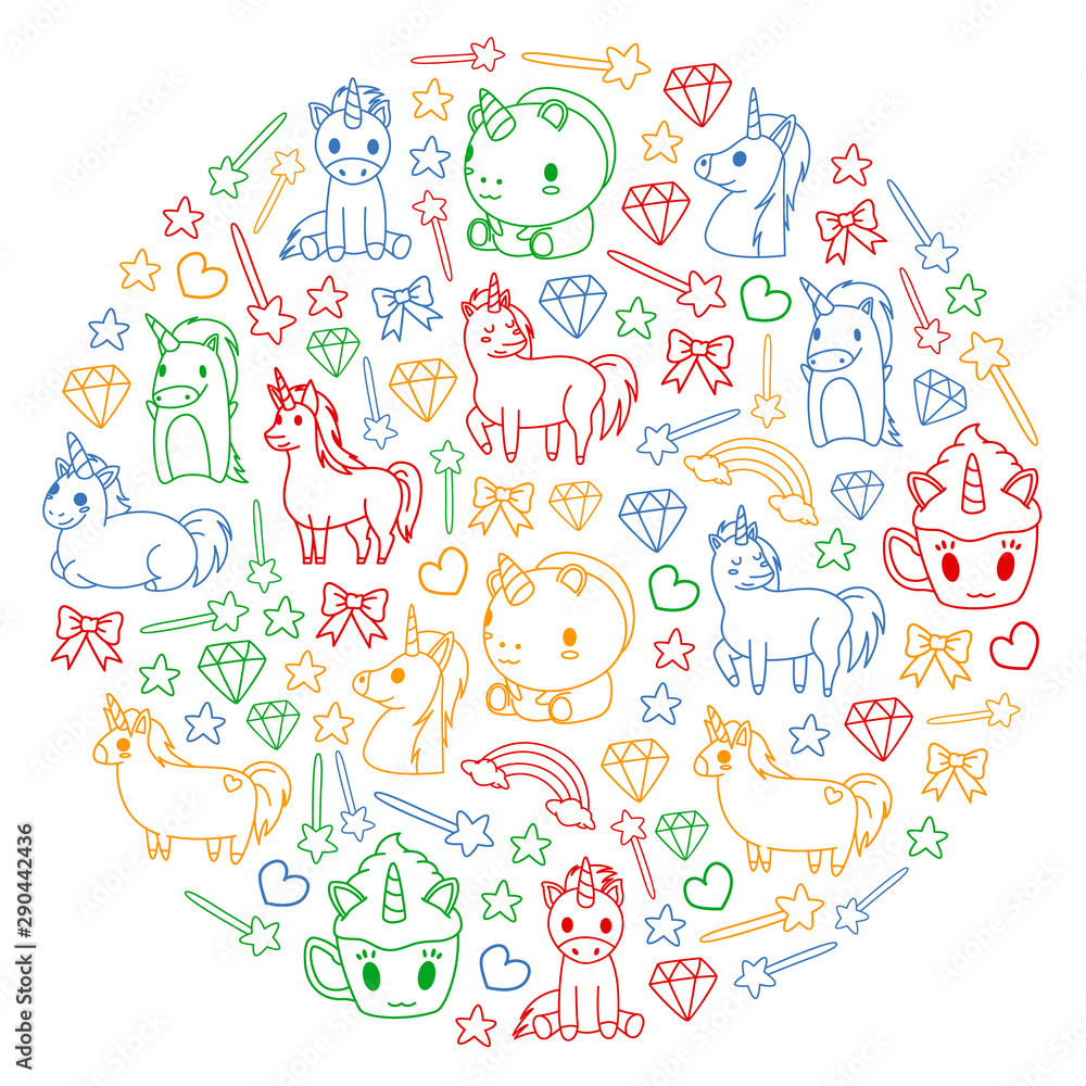 Children pattern with fairy tale unicors for kids clothes, posters, banners, shirts. Vector image with cartoon character. Children pattern with fairy tale unicors for kids clothes, posters, banners, shirts. Vector image with cartoon character.