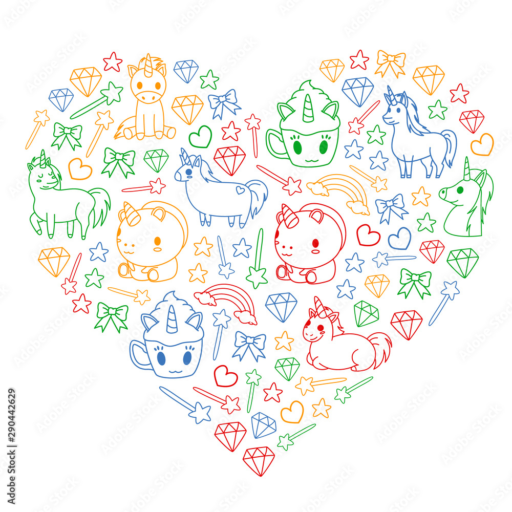 Children pattern with fairy tale unicors for kids clothes, posters, banners, shirts. Vector image with cartoon character. Children pattern with fairy tale unicors for kids clothes, posters, banners, shirts. Vector image with cartoon character.