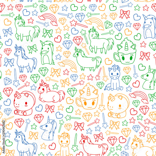 Children pattern with fairy tale unicors for kids clothes, posters, banners, shirts. Vector image with cartoon character.