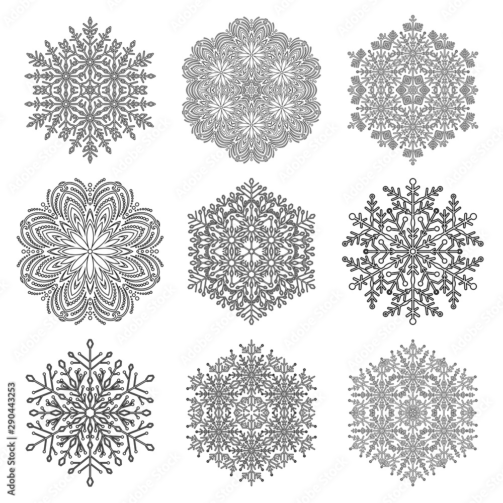Set of snowflakes. Black and white winter ornaments. Snowflakes collection. Snowflakes for backgrounds and designs Set of snowflakes. Black and white winter ornaments. Snowflakes collection. Snowflakes for backgrounds and designs