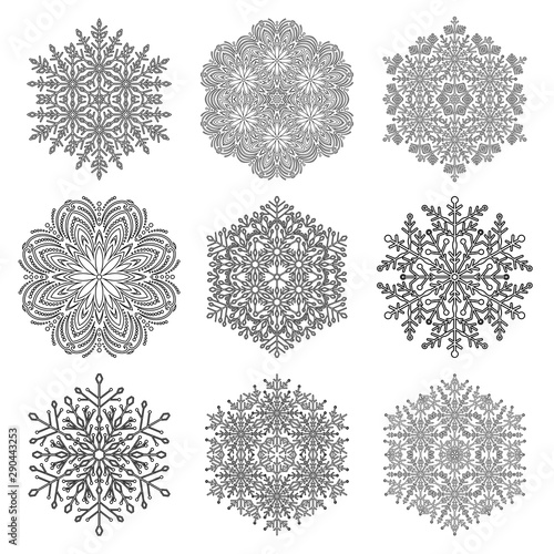 Set of snowflakes. Black and white winter ornaments. Snowflakes collection. Snowflakes for backgrounds and designs