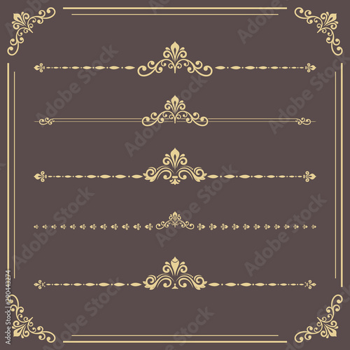 Vintage set of decorative elements. Horizontal separators in the frame. Collection of different ornaments. Classic patterns. Set of golden vintage patterns