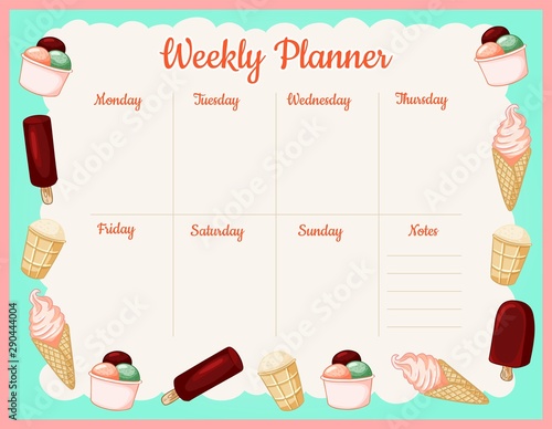 Cozy summer weekly planner and to do list with trendy ice cream ornament. Cute gelato template for agenda, planners, check lists and stationery