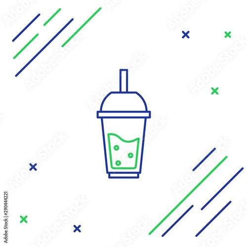 Blue and green line Glass of lemonade with drinking straw icon isolated on white background. Colorful outline concept. Vector Illustration