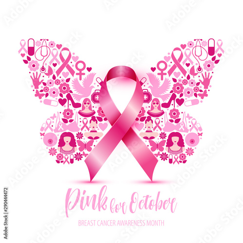 Breast cancer awareness with Butterfly sign and pink ribbons vector illustration design poster layout.