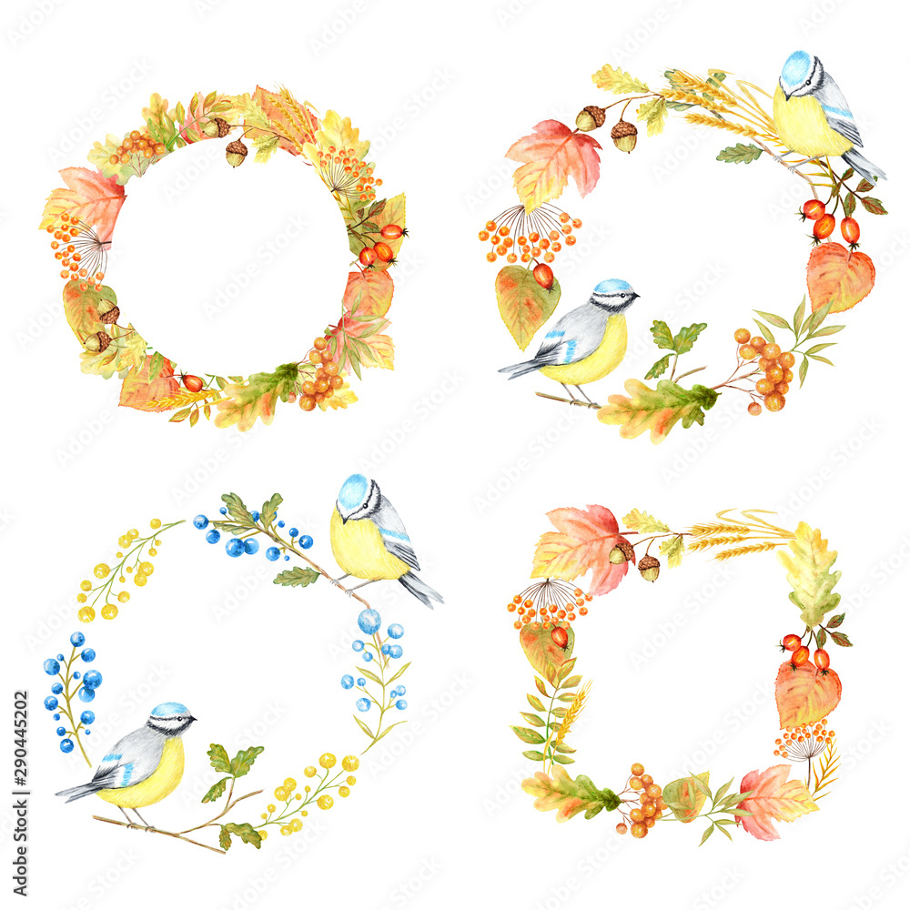 Autumn leaf, berries and Tomtit birds Frame set isolated on a white background. Watercolor hand drawn Bird BlueTit sitting on the Branch. Greeting card, poster, banner concept with copy space for text Autumn leaf, berries and Tomtit birds Frame set isolated on a white background. Watercolor hand drawn Bird BlueTit sitting on the Branch. Greeting card, poster, banner concept with copy space for text