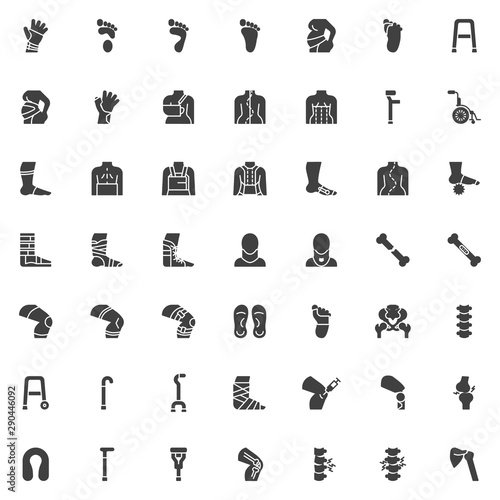 Orthopedic rehabilitation vector icons set, modern solid symbol collection, filled style pictogram pack. Signs, logo illustration. Set includes icons as wrist brace, spine treatment posture correction