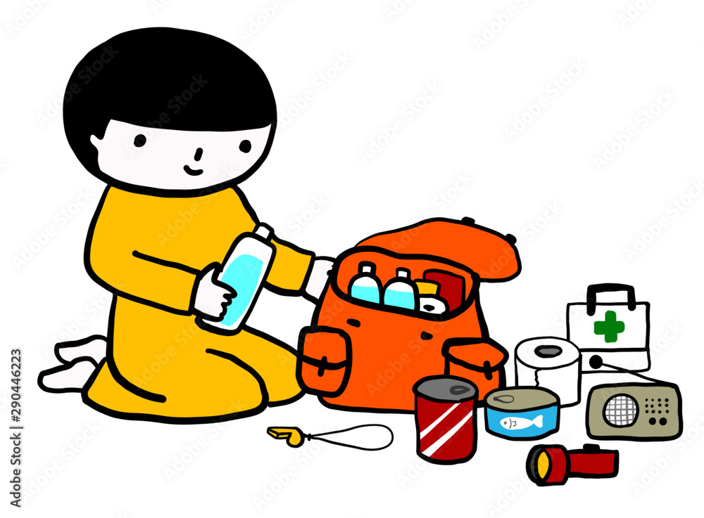 This figure shows a child checking disaster prevention goods,
