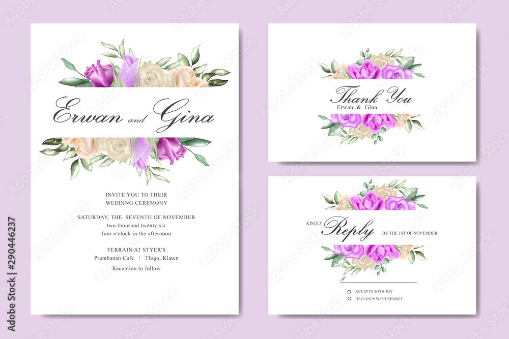 Wedding invitation card set with watercolor floral and leaves template